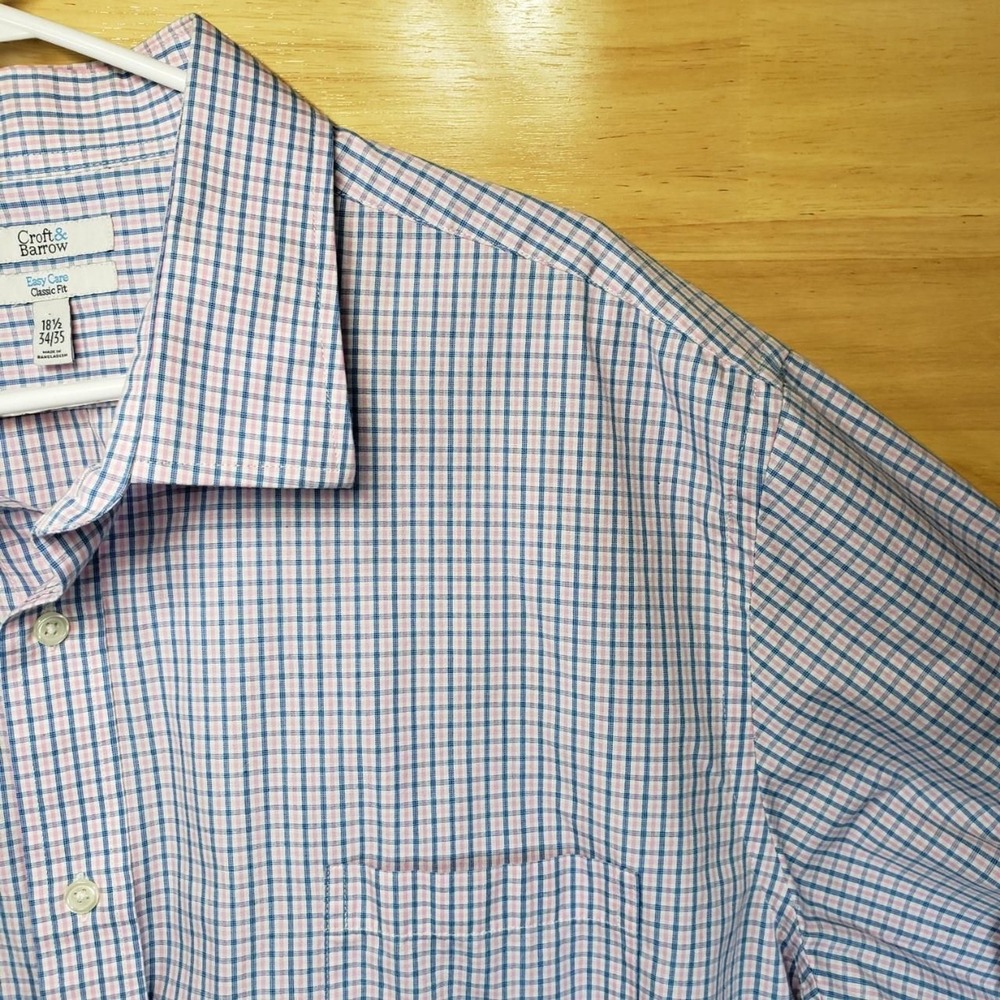Croft & Barrow Men's Button-Up Shirt 18.5 34/35 Blue Pink Check Plaid